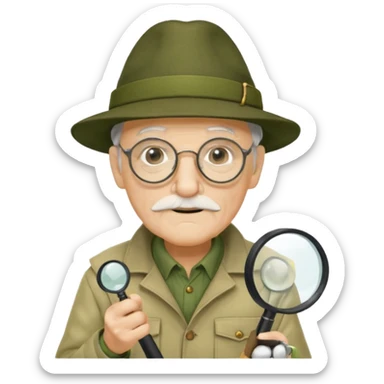 old man in beige moss green explorer outfit, wear black glass, hat, holding magnifying glass sticker