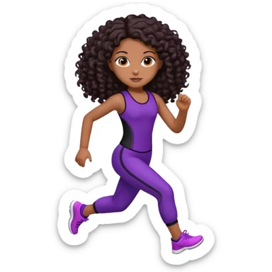 Uma boneca morena escura com olhos castanhos e cabelo cacheado longo até o peito, treinando correndo a roupa roxa com detalhes preto sticker