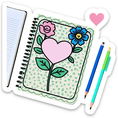 A whimsical notebook open showing pink color heart dollars and blue and green flowers with a pencil, sitting on an antique wooden tablet covered in a floral print pastel tablecloth, watercolor die-cut sticker, 8k sticker
