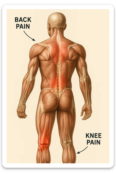 corpo umano anatomico con mal di schiena e al ginocchio, iperrealistico 4k sticker