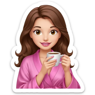 girl with long wavy brown hair, brown eyes, long lashes makeup, sexy pink lips, light to medium complexion, wearing a pink sexy silk top, smiling in a cozy pink robe drinking coffee sticker