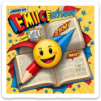 Create a vibrant emoji, representing comic books and graphic novels as an art form. The design should feature a large, opened comic book with vintage comic panels on the pages. Include a pencil (without a hand), writing text or sketching on the pages. The comic panels should have bold lines and retro-style artwork with classic comic book visuals. Use bright, energetic colors like red, yellow, and blue to evoke excitement and creativity. The overall design should feel dynamic, vintage, and artistic. Make the background transparent. sticker