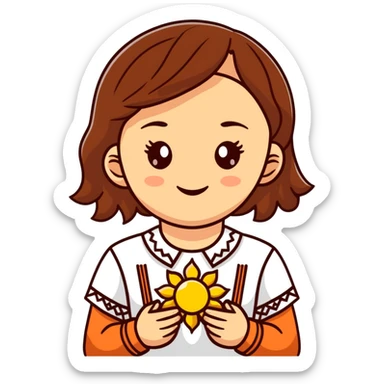 A young Ukrainian girl with brown hair wearing a traditional white embroidered shirt carefully holds a bright sun in her hands sticker