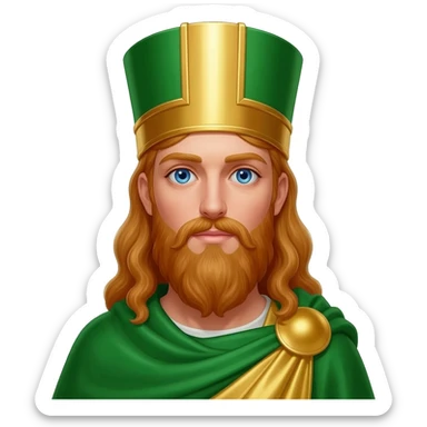 Saint Patrick from Christian Mythology with blue eyes, long reddish blonde hair, green and gold metallic toga, green and gold metallic headdress sticker