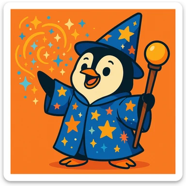 penguin wizard casting a spell, with sparkles and a starry robe, vibrant toon style sticker