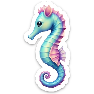 Cinematic Cute Sea Horse Portrait Emoji, Head tilted playfully and inquisitively, featuring a charming, petite seahorse with a softly curved body in pastel tones, a delicately coiled tail and round, sparkling eyes full of gentle wonder, Simplified yet irresistibly adorable features, highly detailed, glowing with a warm, inviting aquatic glow, high shine, affectionate and lively, stylized with a touch of enchanting marine charm, soft glowing outline, capturing the essence of a mischievous yet loving seahorse that seems as if it could float out of the screen into your arms! sticker