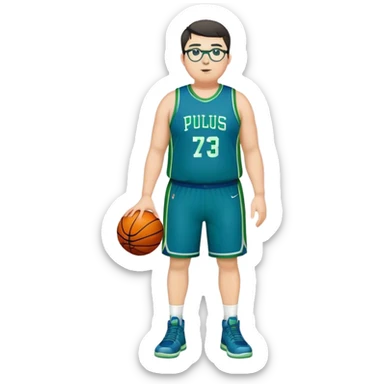 Full Body plus size white male with dark short hair  tall basketball player wearing glasses wearing blue green uniform sticker