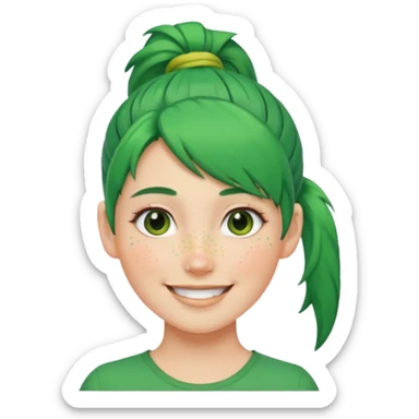 A woman with green hair tied in a ponytail, smiling. sticker