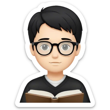 Chico de pelo negro con gafas negras, piel blanca estudiando sticker