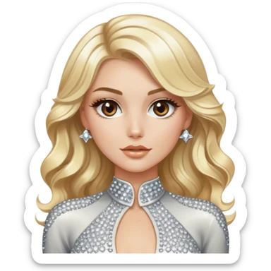 Luxury blonde model, brown eyes, sleek wavy hair, diamanté rhinestone covered jumpsuit  sticker