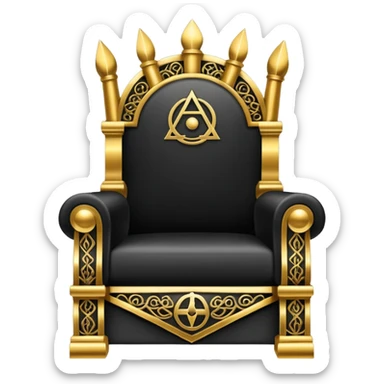wide big iron black Illuminati throne with gold filigree and mysterious symbols sticker