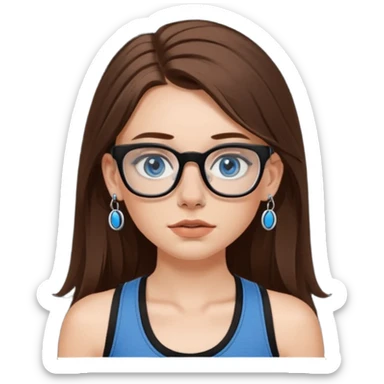 WHITE girl with long brown hair, part going more to the RIGHT side, BLUE eyes, wearing BLACK rectangle plastic frame glasses. SEPTUM nose piercing hoop (at bottom of nose) AND stud nose piercing on right side of nose. Wearing BLACK tank top. sticker