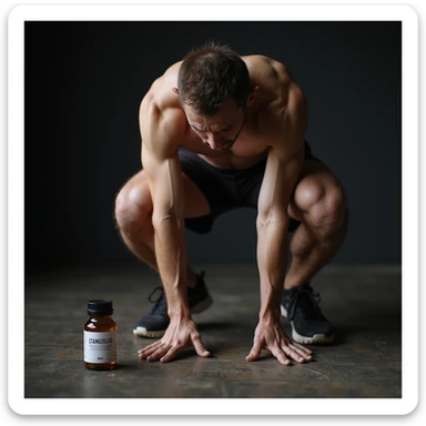 photo realistic crossfit athlete with rigid and painful posture, hands on painful knees, visible muscles, vials labeled 'Stanozololo' next to him, intense light, gym background sticker