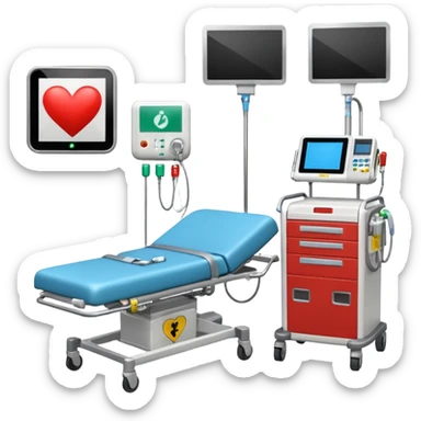 An emergency room corner with defibrillator, monitors, and crash cart.
 sticker