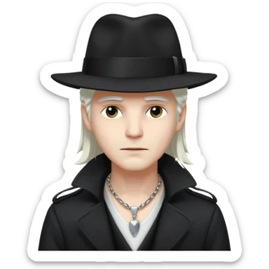 Male Goth with Fedora
 Sleek long hair, white skin, black trench coat, silver necklace visible under coat, white long hair sticker