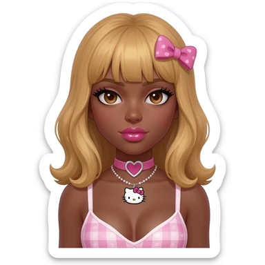 heart shaped lips, cute glossy lips, doll eyes with long lashes, dark brown skin, honey blonde hair, big chest, hello kitty necklace, one bow clip, bimbocore outfit sticker
