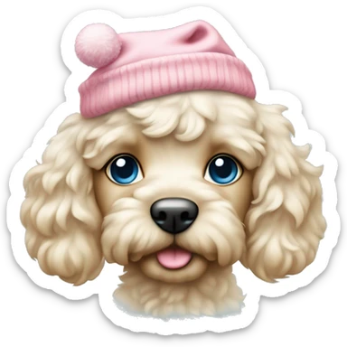 Cream cockapoo puppy whole body with pastel blue eyes, and with pink Christmas hat sticker