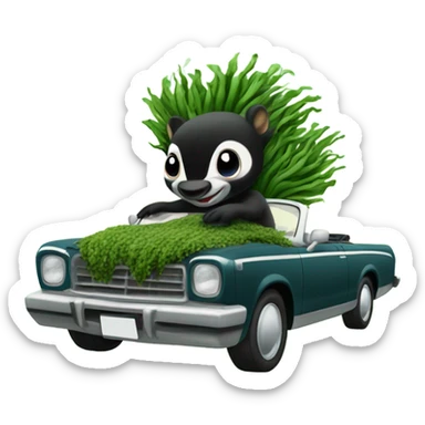 Skunk made of seaweed driving convertible in the sky sticker