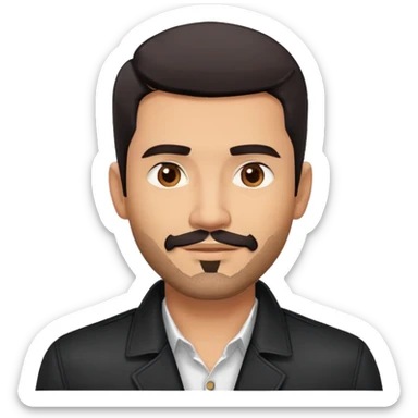 Attractive Hispanic TV host in his mid to late 40s with light brown skin, short straight black hair with pronounced fade haircut, stubble/scruff facial hair instead of full beard, square handsome face with strong jawline, friendly expression, wearing open black jacket with white buttoned shirt sticker