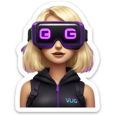 Russian cute blond girl wearing black hoody with violet letters "OMG", in vr headset. Cyberpunk style. Violet neon. sticker