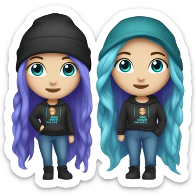 White girl, blue eyes, long teal hair, purple beanie hat, black hoodie, blue jeans, black shoes sticker