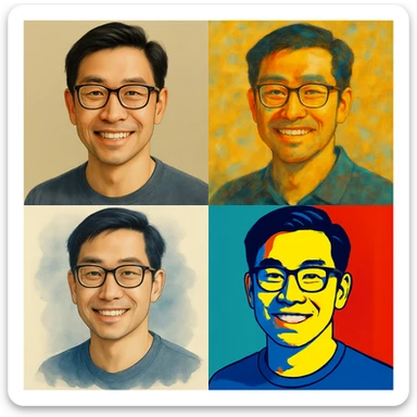 Edit the image of an East Asian man with black hair wearing glasses to have a smiling expression. Keep the original style of the image. sticker