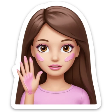 Barbie girl a brown long Straight hair and brown eyes is In pale pink smears by hand cosmetic cream on her face sticker