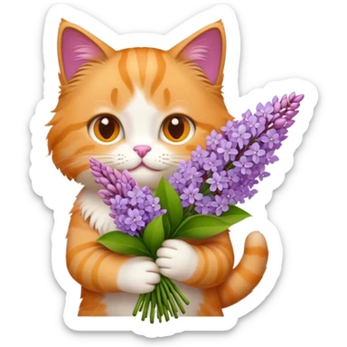 cat holding a bouquet of purple lilac flowers in hand, emoji style sticker
