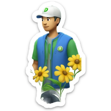 a botanist white asian man with luigi "D" cap and blue clothes holds various flowers sticker