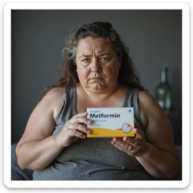 hyperrealistic 4K vertical 9:16 image of an overweight woman with signs of insulin resistance sitting, showing a box of Metformin towards the camera with an unsatisfied look, face with acne and fine hair, thin hair, white background sticker