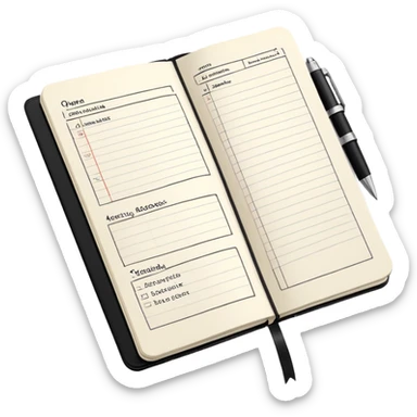 A classic black Moleskine notebook open to show an agenda page with meeting items and bullet points sticker