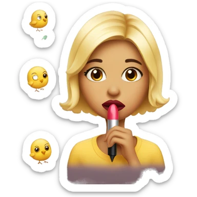 a chick applying lipstick sticker