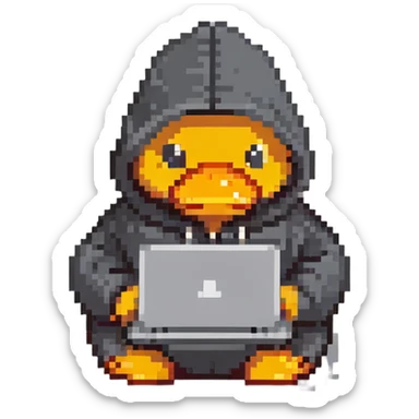 black rubber duck with tiny hoodie and a laptop, hacker sticker