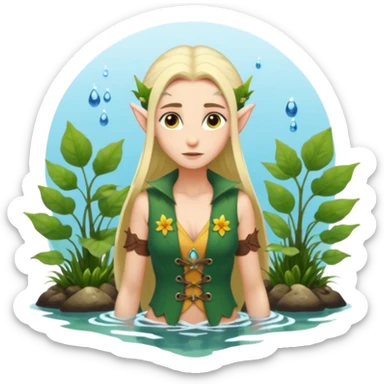 elf female legolas wading in shallow tide pool, palm emitting soft green light to heal glowing coral, practical open vest over bare chest, determined gaze, pointy ears, vibrant underwater plants, centered emoji, nature guardian summer sticker