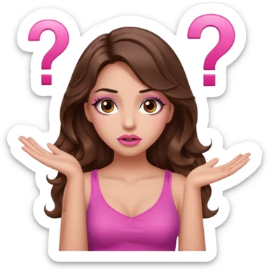 girl with long wavy brown hair, brown eyes, long lashes makeup, sexy pink lips, light to medium complexion, pink sexy top,, shrugging with both hands, confused, question mark sticker