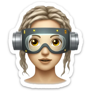 female cyborg head, fair skin, Brown long hair with blonde steaks, space age goggles and circuits sticker
