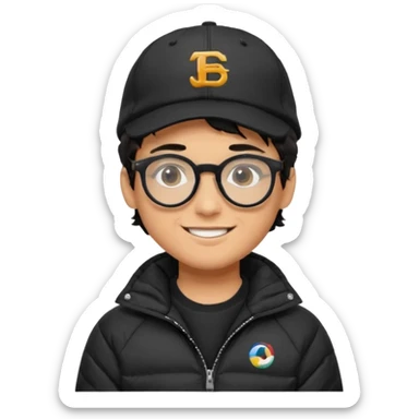 Young man wearing a black puffer jacket, black baseball cap with a small logo, round black glasses, wavy hair peeking out from under the cap, smiling sticker