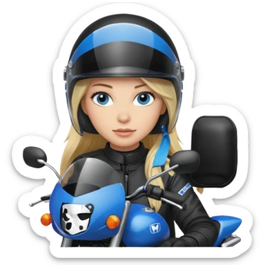 moça loira de cabelo comprido e olhos azuis com capacete em moto honda 150 preta sticker