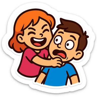 vibrant cartoon emoji sticker of a girl playfully grabbing a boy's neck, both characters with expressive, humorous faces, designed for chat sticker use sticker