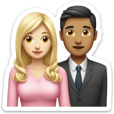 Blonde girl and Asian guy couple with pink heart sticker