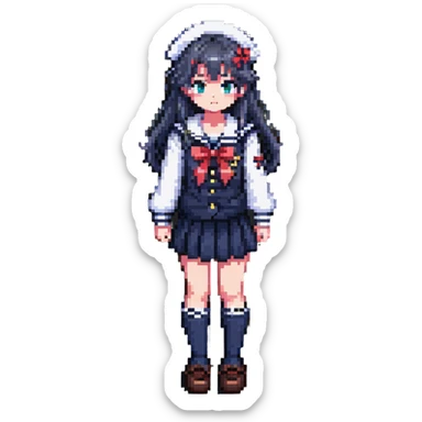 Japanese anime schoolgirl with classic sailor uniform in pixel art style sticker