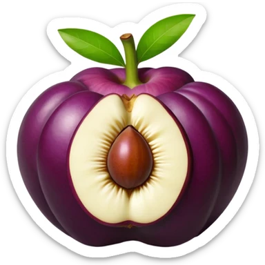 whole mangosteen with thick deep purple rind and green segmented calyx on top, next to a halved fruit revealing glossy white segmented flesh inside, soft juicy interior, firm outer shell, no leaves plate or extras, apple emoji style, soft lighting, subtle shadows, transparent background, emoji scale sticker