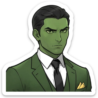 male memoji, dark hair, light stubble, strong jawline, luxury black suit and tie, gold watch, intense stare, charismatic billionaire aura sticker