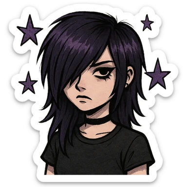 purple emo girl, dark purple hair with side bangs, black eyeliner, choker, moody expression, star accents sticker