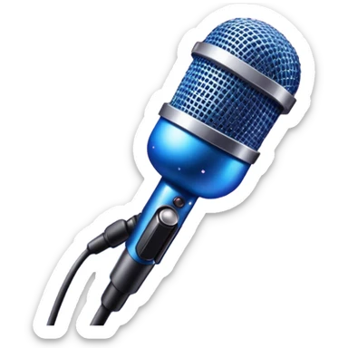 Create a vibrant and dramatic emoji that represents pop stage performance, focusing on the equipment and stage atmosphere. The design should feature a close-up of a professional stage microphone, shining brightly with sparkling details. In the background, show a part of the stage with dramatic stage lighting, illuminated with colorful spotlights and a festive firework-like salute or confetti to convey the energetic atmosphere of a live performance. Use neon colors like electric blue, pink, and silver to highlight the glamour and excitement of the stage. The background should be transparent. sticker