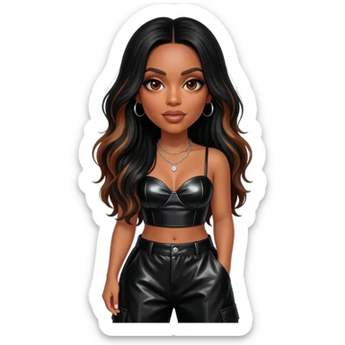 Aaliyah with brown eyes, long jet black hair with brown highlights, black metallic sweetheart crop top, black metallic baggy pants, silver necklace sticker