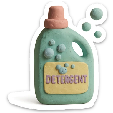 detergent bottle in claymation style with bubbles and a playful label, pastel palette sticker