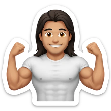 muscled happy guy, long dark hair, t-shirt sticker