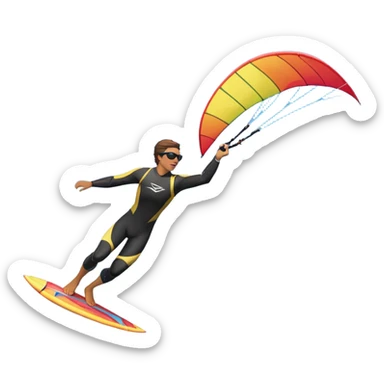 A kite surfer soaring above the waves, holding onto a kite with the wind in full force. The background showcases the ocean and sky, emphasizing the freedom, thrill, and energy of the sport. The motion of the kite and board is dynamic, capturing the excitement of kiting. sticker