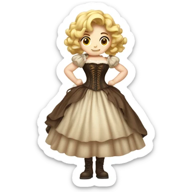 a blonde girl with brown hair standing with her back tied an old corset on a fluffy dress sticker